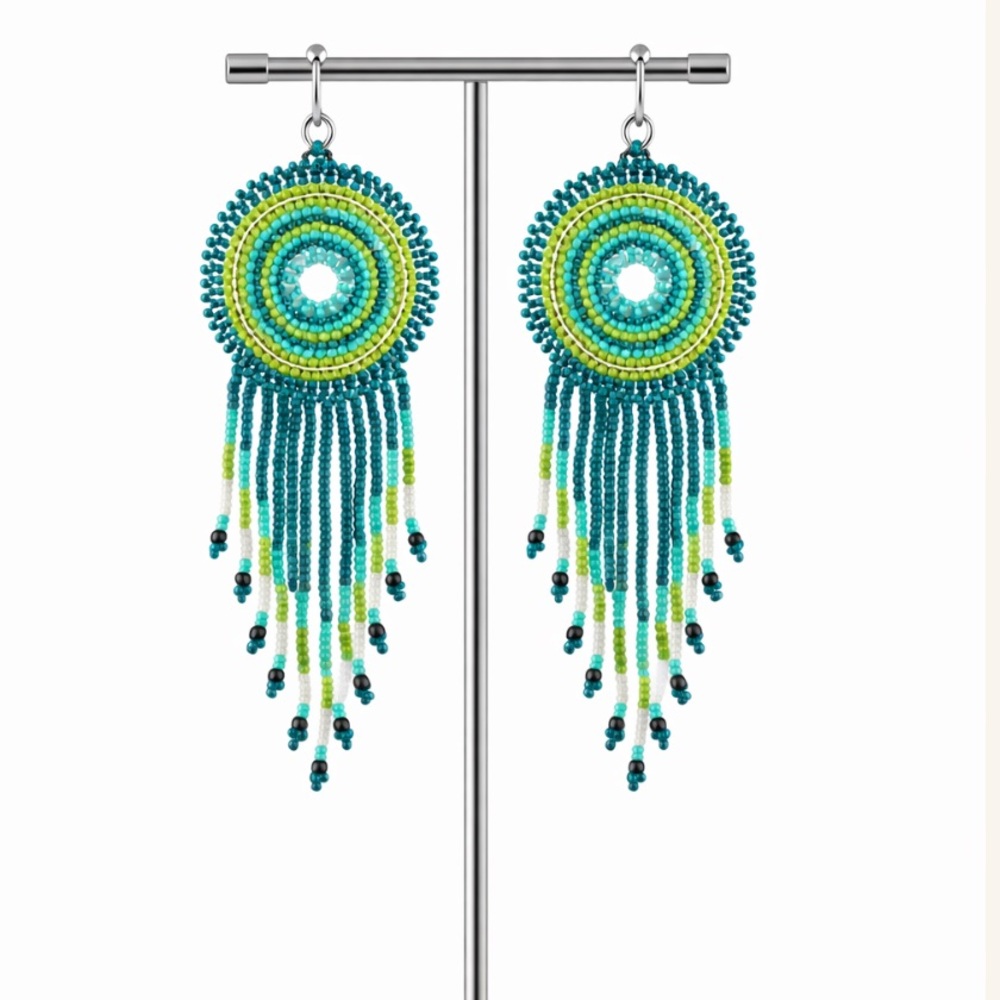 Boho Dreamcatcher Beaded Earrings Green Turquoise Festival Jewelry NWT - Picture 3 of 4